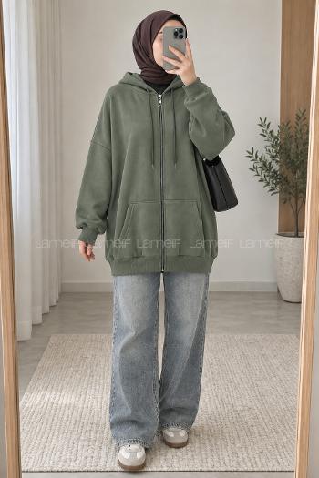 Lamelif Kapüşonlu Fermuarlı Sweatshirt Hırka Yeşil