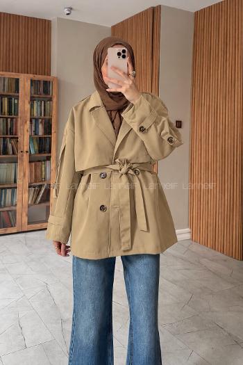 Camel Long Arm Buttoned Trench Coat
