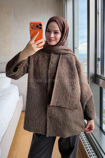Lamelif Şal Detaylı Sakallı Ceket Kahverengi