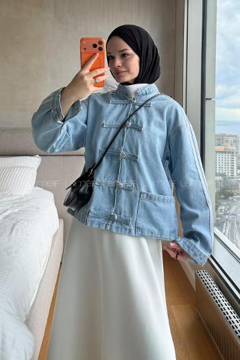 Light Blue Mandarin Collar Long Arm Denim Jacket