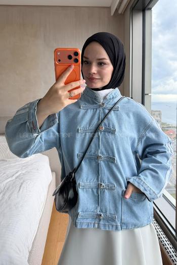 Light Blue Mandarin Collar Long Arm Denim Jacket