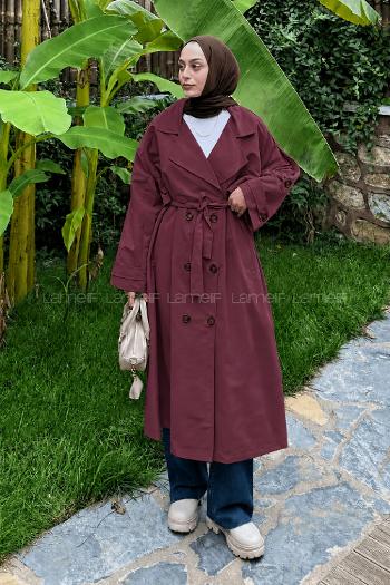 Lamelif Uzun Apoletli Oversize Trenç Bordo