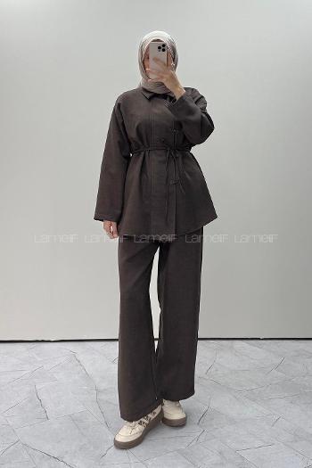 Bitter Brown Shirt Collar Long Arm Linen Regular Trousers Comfortable Suit