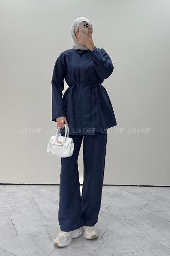 Navy Blue Shirt Collar Long Arm Linen Regular Trousers Comfortable Suit