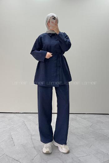 Navy Blue Shirt Collar Long Arm Linen Regular Trousers Comfortable Suit