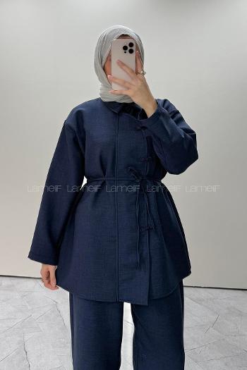 Navy Blue Shirt Collar Long Arm Linen Regular Trousers Comfortable Suit