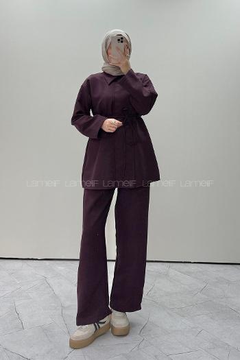 Plum Shirt Collar Long Arm Linen Regular Trousers Comfortable Suit
