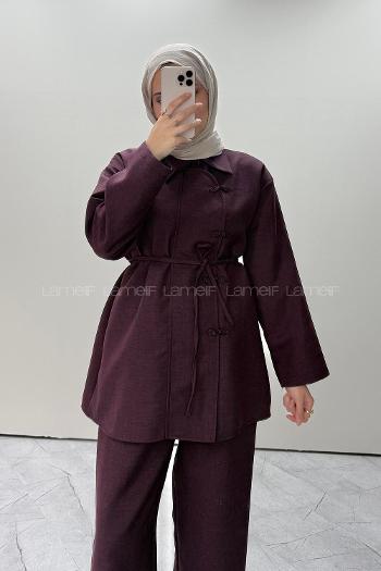 Plum Shirt Collar Long Arm Linen Regular Trousers Comfortable Suit