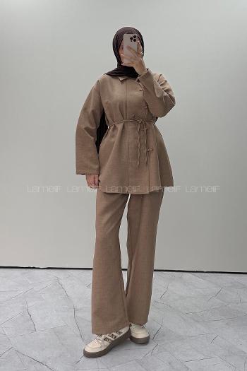 Brown With Milk Shirt Collar Long Arm Linen Regular Trousers Comfortable Suit