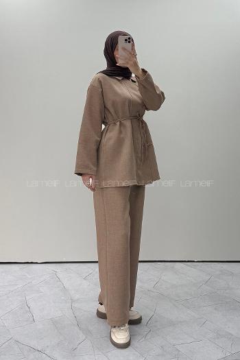 Brown With Milk Shirt Collar Long Arm Linen Regular Trousers Comfortable Suit