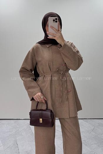 Brown With Milk Shirt Collar Long Arm Linen Regular Trousers Comfortable Suit