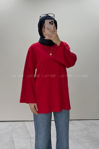 Red Crew Neck Long Arm Without Accessories Unprinted Blouse