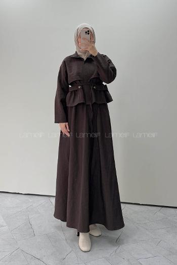Bitter Brown Neckband Long Arm Parachute Fabric Flared Skirt Suit