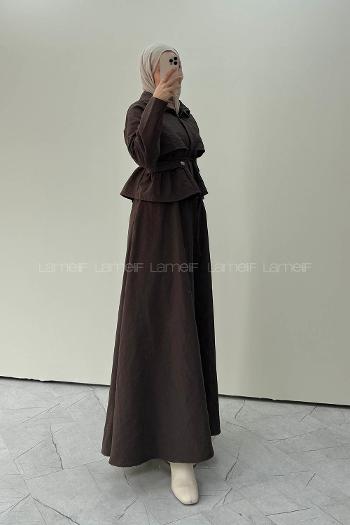 Bitter Brown Neckband Long Arm Parachute Fabric Flared Skirt Suit