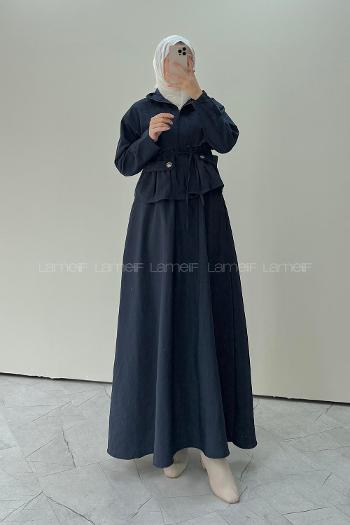Navy Blue Neckband Long Arm Parachute Fabric Flared Skirt Suit