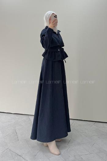 Navy Blue Neckband Long Arm Parachute Fabric Flared Skirt Suit
