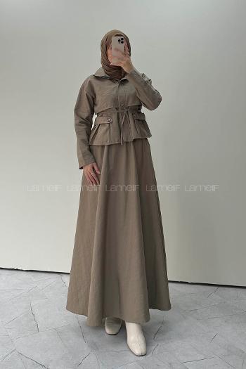 Mink Neckband Long Arm Parachute Fabric Flared Skirt Suit