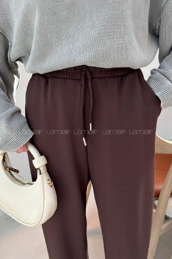 Brown Elastic Trousers High Waist Elastic Waist Regular Cut Bottom Tracksuit