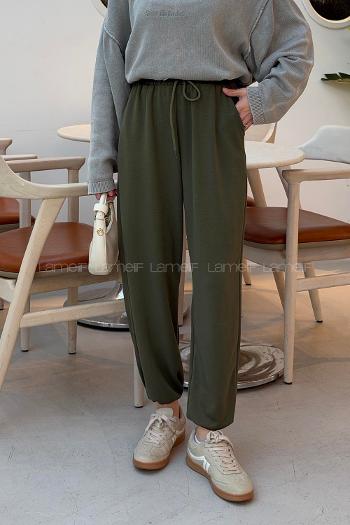 Green Elastic Trousers High Waist Elastic Waist Regular Cut Bottom Tracksuit