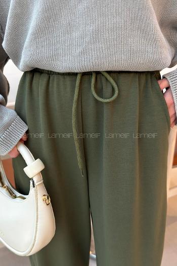 Green Elastic Trousers High Waist Elastic Waist Regular Cut Bottom Tracksuit