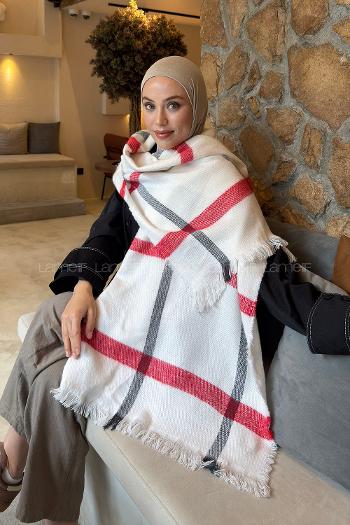 Lamelif Ekose Desen Omuz Şal Kırık Beyaz Kırmızı