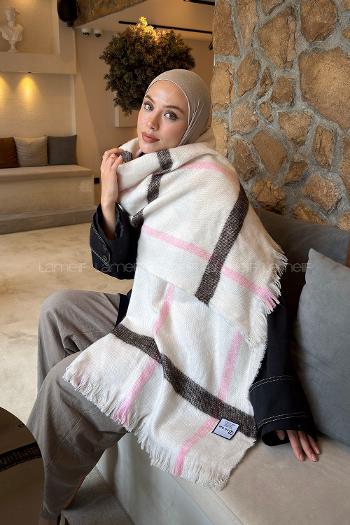 Lamelif Ekose Desen Omuz Şal Taş Şeker Pembe