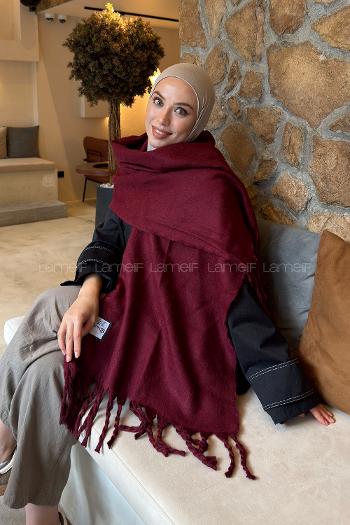 Lamelif Püskülü Düz Omuz Atkı Şal Bordo