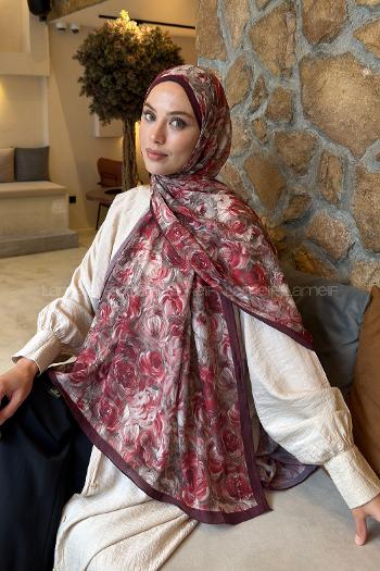 Lamelif Rose Garden Desen Bambu Şal Bordo