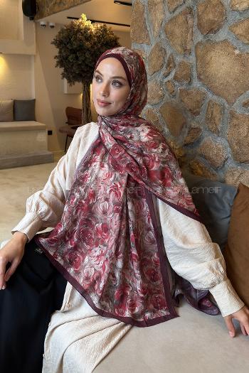 Lamelif Rose Garden Desen Bambu Şal Bordo