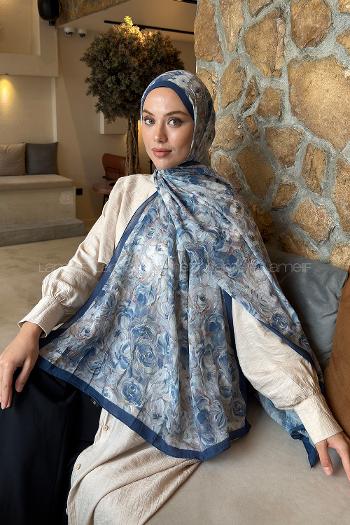 Lamelif Rose Garden Desen Bambu Şal İndigo