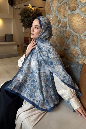 Lamelif Rose Garden Desen Bambu Şal İndigo