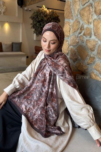 Lamelif Rose Garden Desen Bambu Şal Kahverengi
