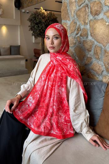 Lamelif Rose Garden Desen Bambu Şal Kırmızı