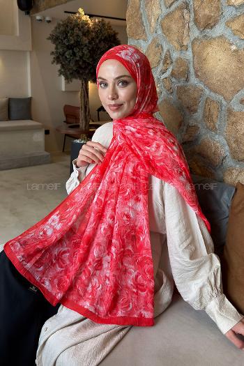 Lamelif Rose Garden Desen Bambu Şal Kırmızı