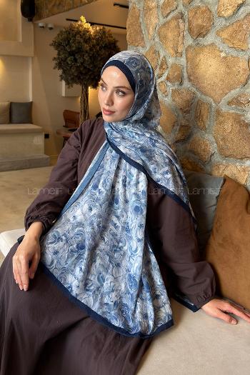 Lamelif Rose Garden Desen Bambu Şal Lacivert