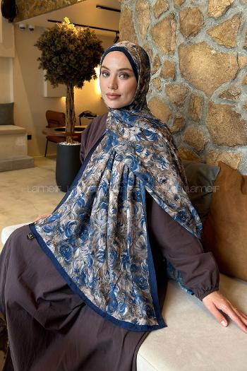 Lamelif Rose Garden Desen Bambu Şal Lacivert Bej