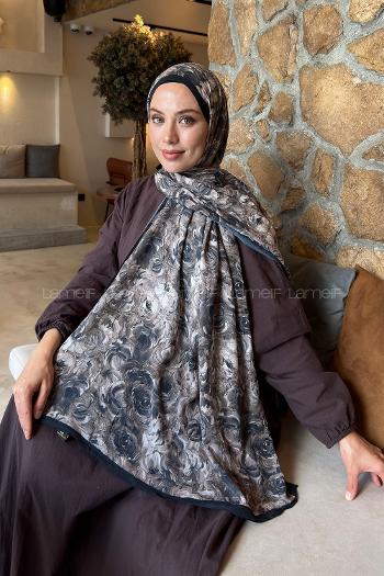 Lamelif Rose Garden Desen Bambu Şal Siyah Vizon