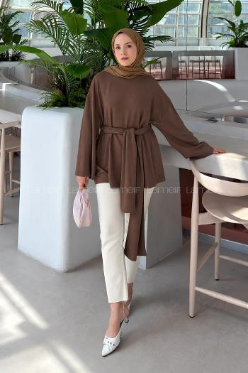 Lamelif Kemer Bağlamalı Tunik Kahverengi