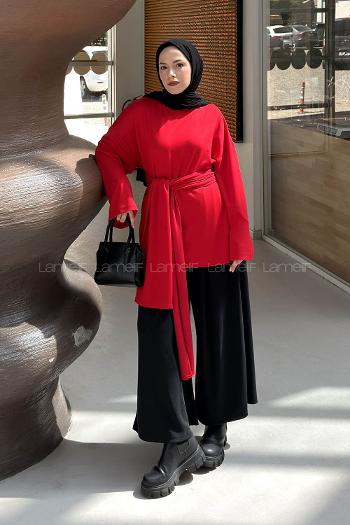 Lamelif Kemer Bağlamalı Tunik Kırmızı