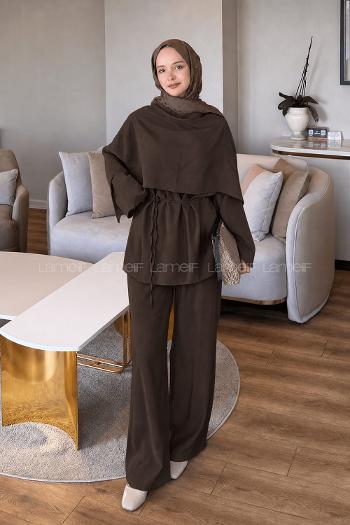 Lamelif Şallı Pantolon Takım Koyu Kahve