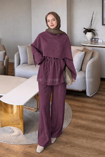 Lamelif Şallı Pantolon Takım Mürdüm