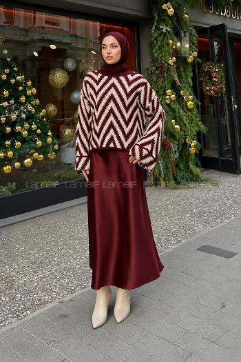 Lamelif Zikzak Desenli Örgü Kazak Bordo
