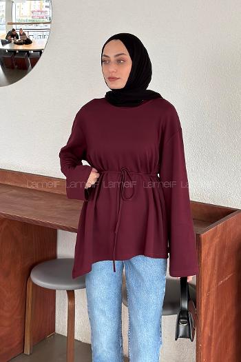 Lamelif Asimetrik Kesim Belden Bağlamalı Tunik Bordo
