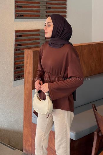 Lamelif Asimetrik Kesim Belden Bağlamalı Tunik Kahverengi