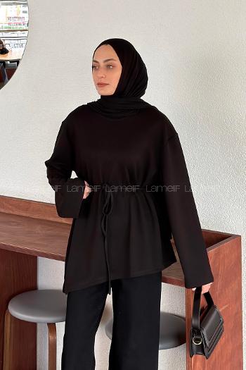 Lamelif Asimetrik Kesim Belden Bağlamalı Tunik Siyah