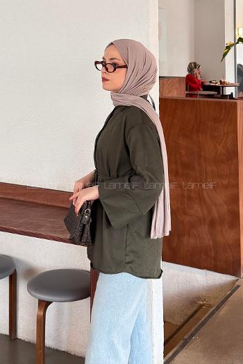 Lamelif Bağlama Detaylı Süet Gömlek Koyu Yeşil