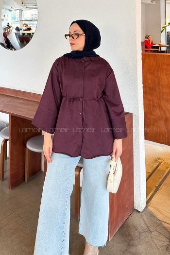 Lamelif Bağlama Detaylı Süet Gömlek Mürdüm