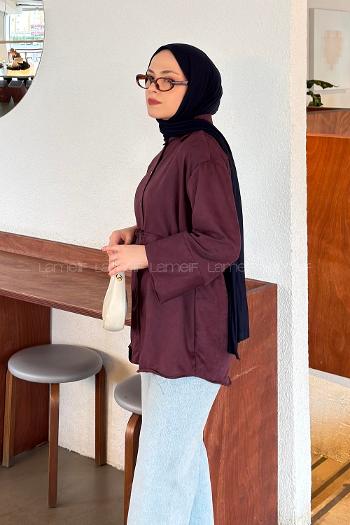 Lamelif Bağlama Detaylı Süet Gömlek Mürdüm