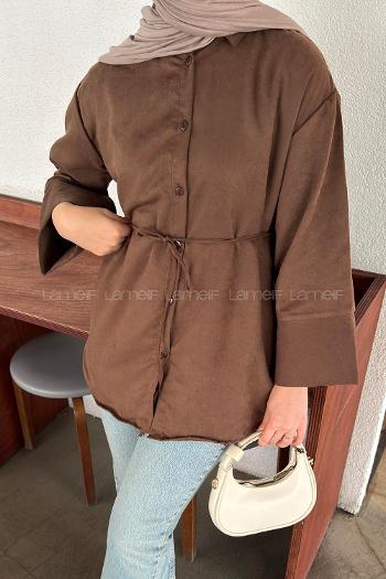 Lamelif Bağlama Detaylı Süet Gömlek Soft Kahve