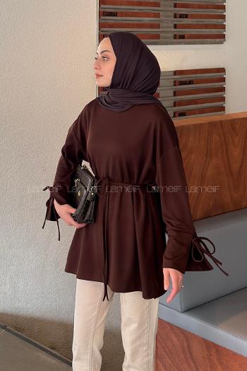 Lamelif Bel Bağlama Detaylı Kol Bağlamalı Tunik Kahverengi